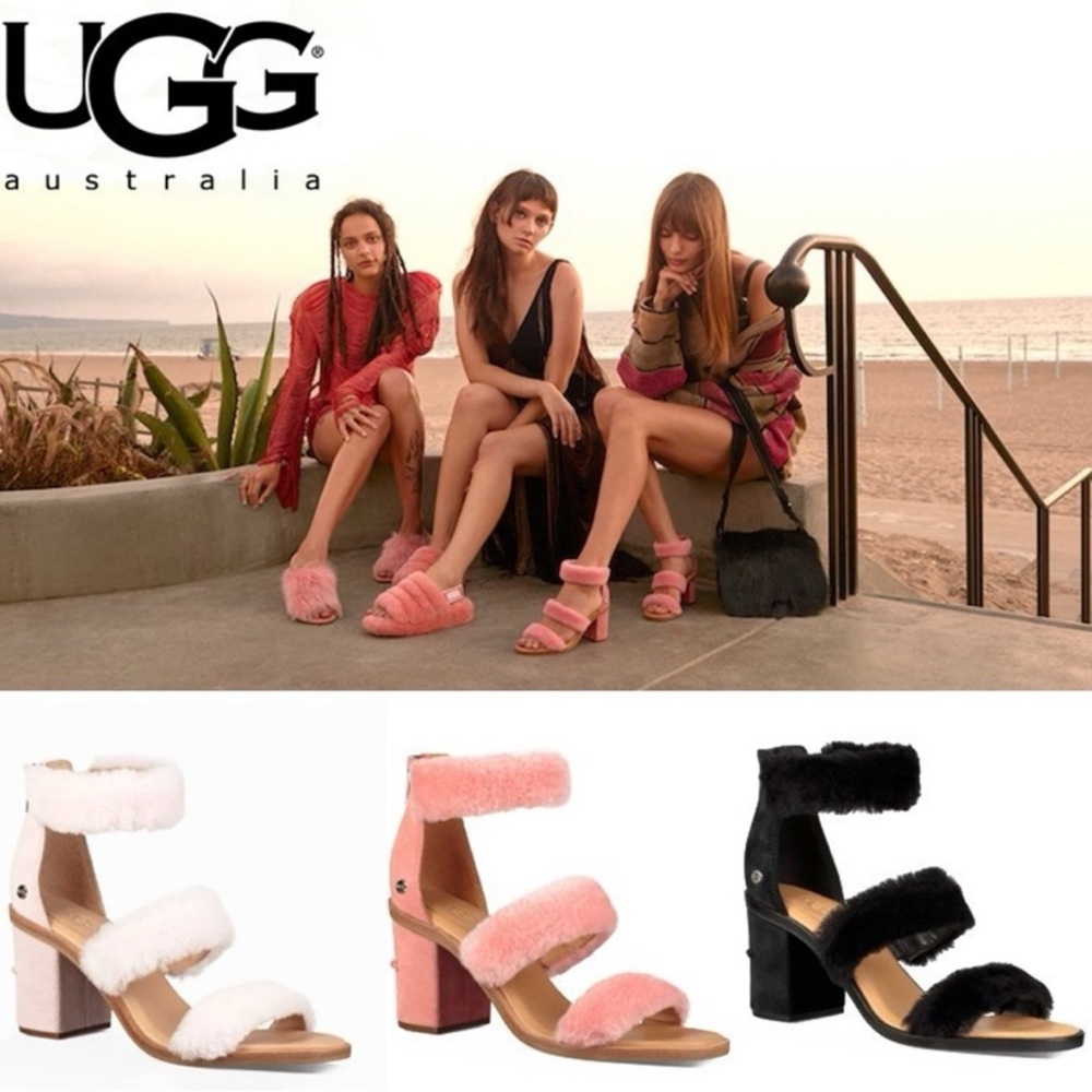UGG Pink Shearling Block Heel Sandals – Size 7 – NWOB
